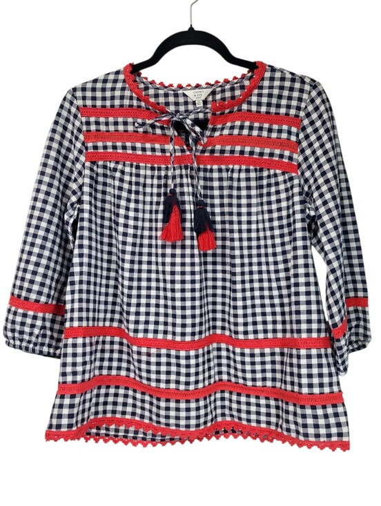 crown & ivy Tops - Boho Peasant Check Blouse Petite Medium Crown And Ivy 3/4 Length Tassle Top